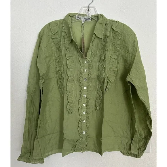 JP And Mattie Women’s Blanchard Ruffle Button Down Blouse Green Sz S New - Picture 3 of 13